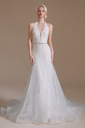 Robe de mariée Blanche Mermaid Halter Sweep Train avec dentelle